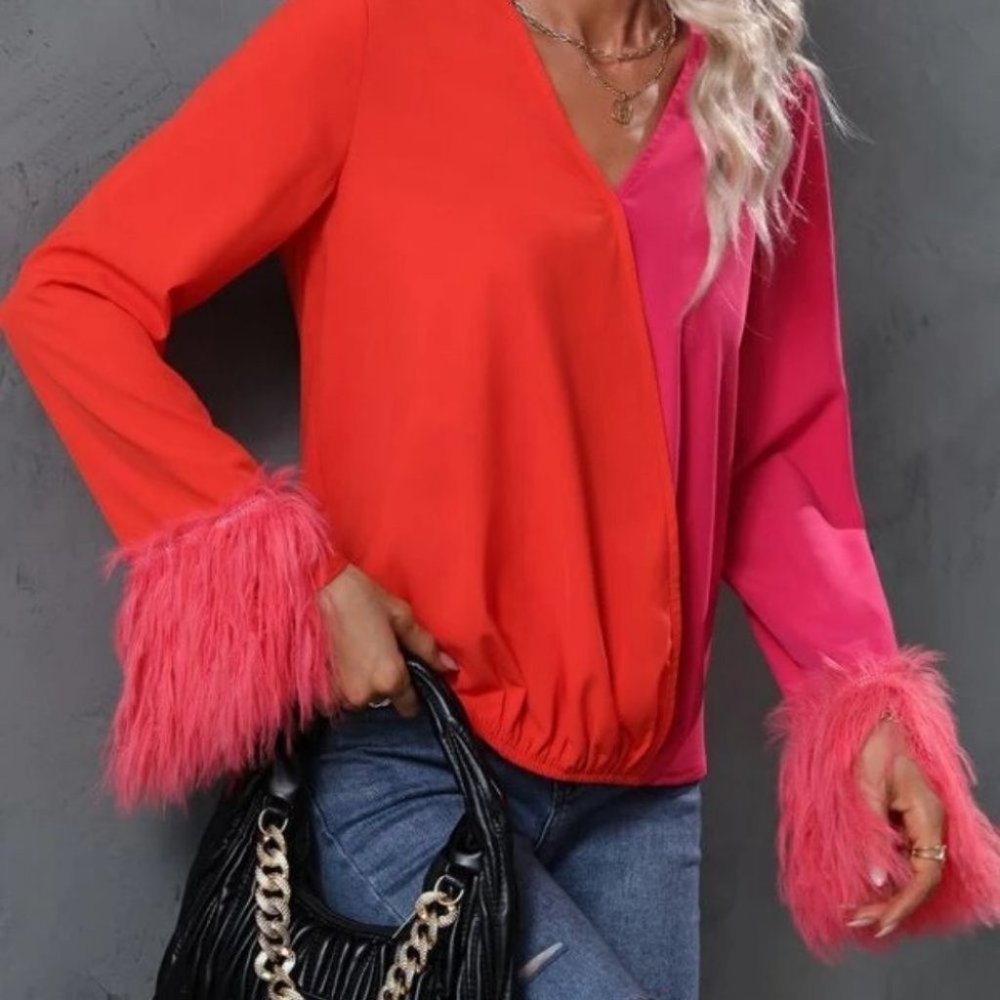 top trends colorblock blouse with faux furry fuzzy cuffs - Picture 6 of 9